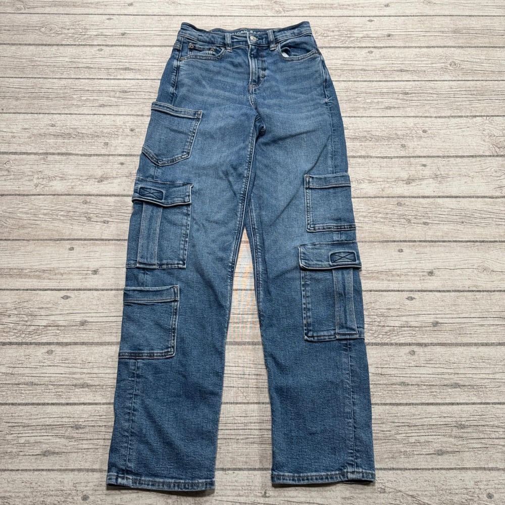 American Eagle Cargo Jeans Women's 000 Blue Medium Wash Straight Relaxed Utility